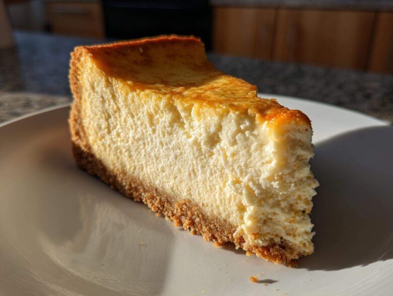 A close-up shot of a thick slice of baked Protein Cheesecake on a white plate, featuring a golden-brown top and graham cracker crust.