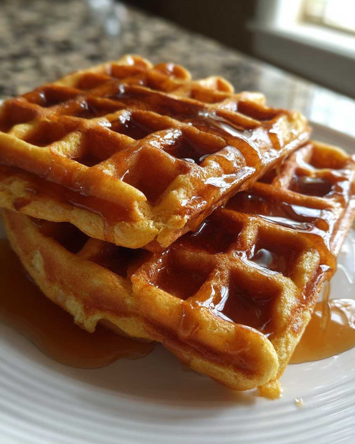 Close-up of two stacked, golden pumpkin waffles generously drizzled with syrup.