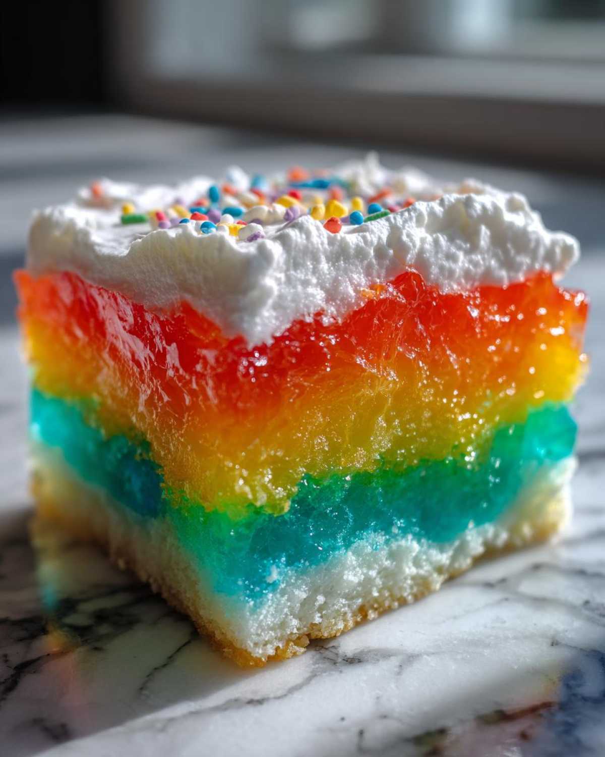Close-up of a moist slice of rainbow jello poke cake topped with whipped cream and sprinkles.