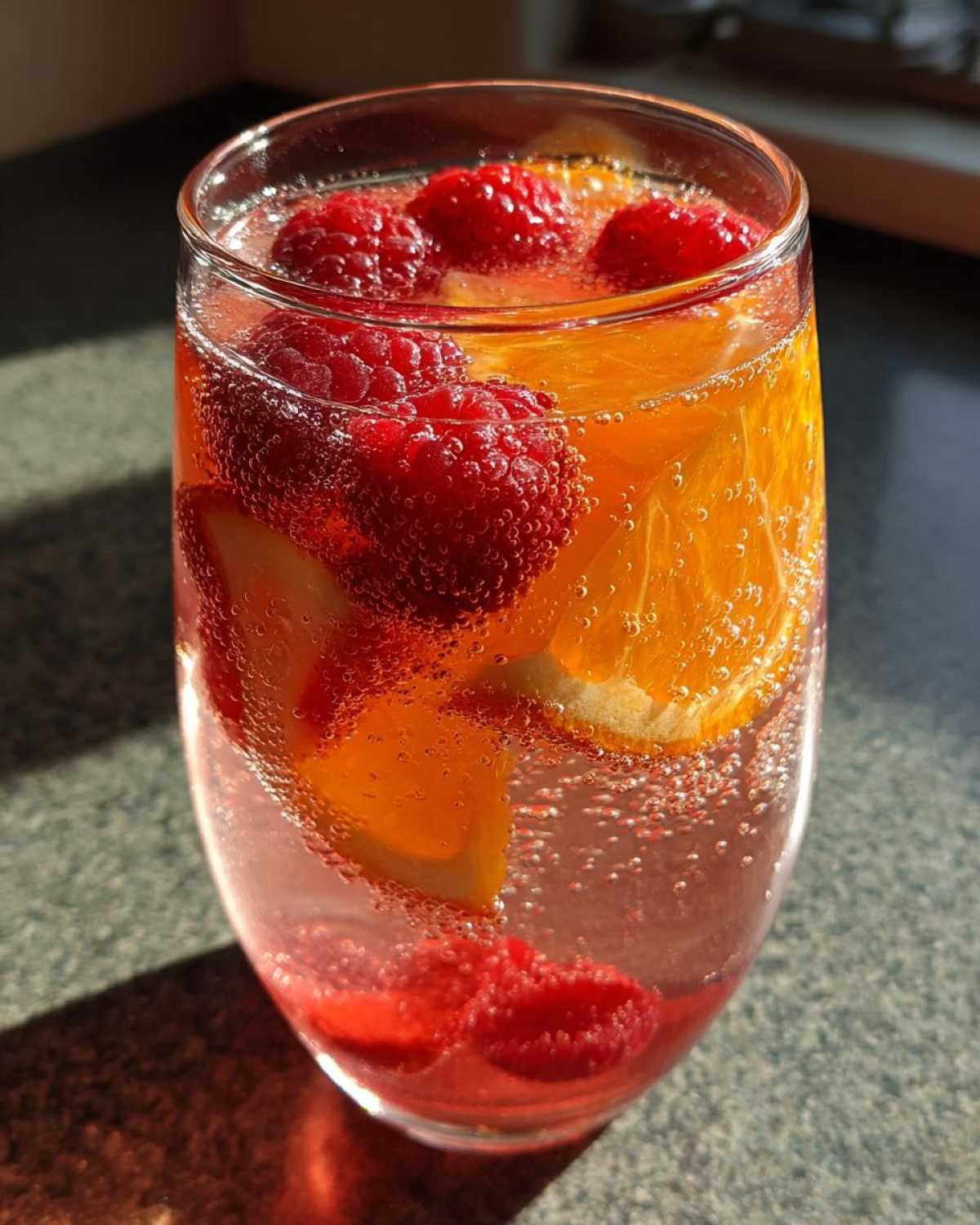 Close-up of a glass filled with bubbling champagne punch, raspberries, and orange slices.
