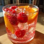 Close-up of a single serving of bubbly champagne punch garnished with fresh raspberries and orange slices over ice.