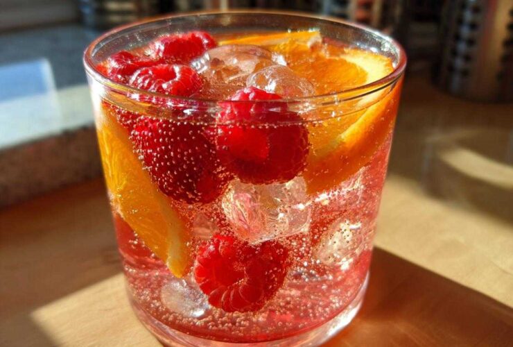 Close-up of a single serving of bubbly champagne punch garnished with fresh raspberries and orange slices over ice.