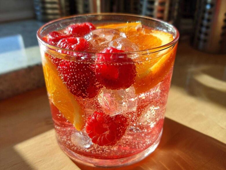Close-up of a single serving of bubbly champagne punch garnished with fresh raspberries and orange slices over ice.