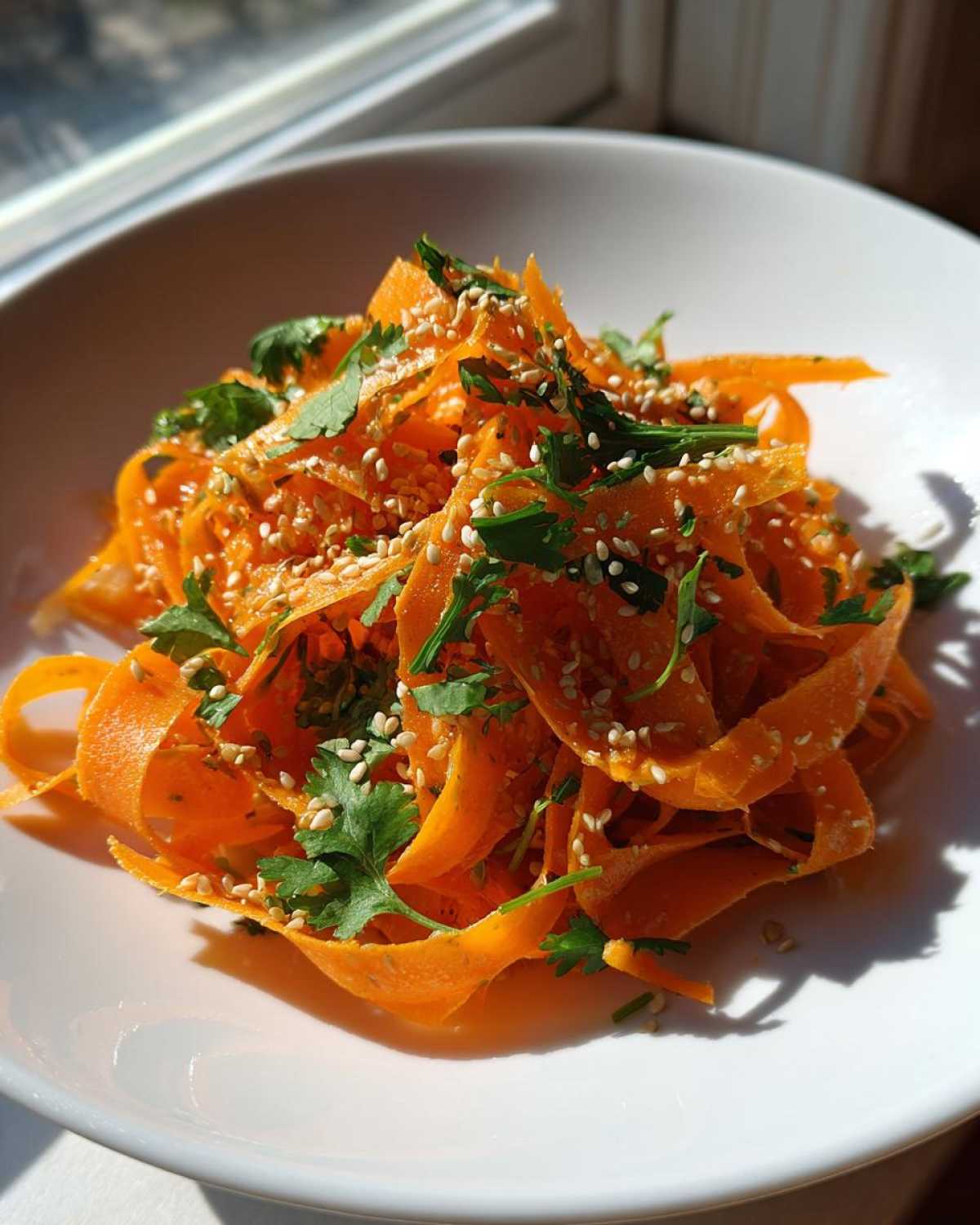 Close-up of a vibrant raw carrot salad made with shaved carrot ribbons, topped with cilantro and sesame seeds.