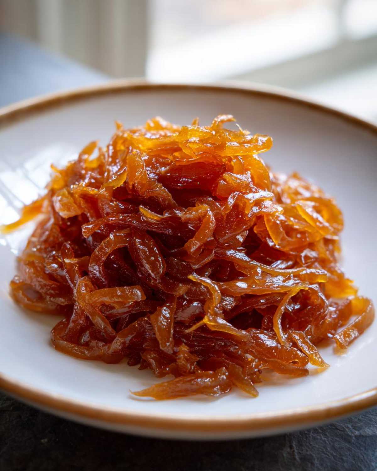 Close-up of a mound of deeply browned, glossy caramelized onions served on a white plate.
