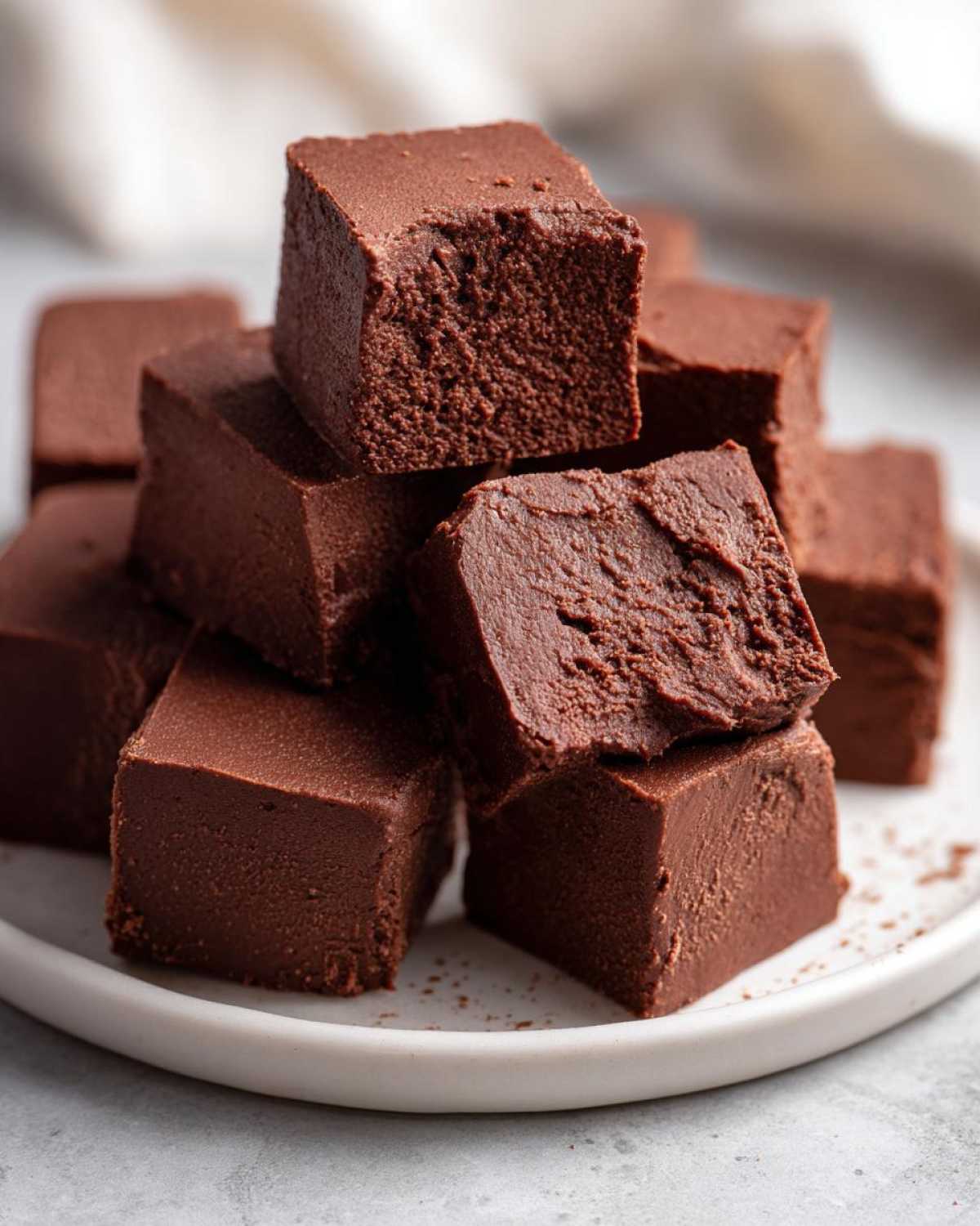 A stack of rich, dark chocolate fudge squares piled on a white plate, showing a creamy texture.