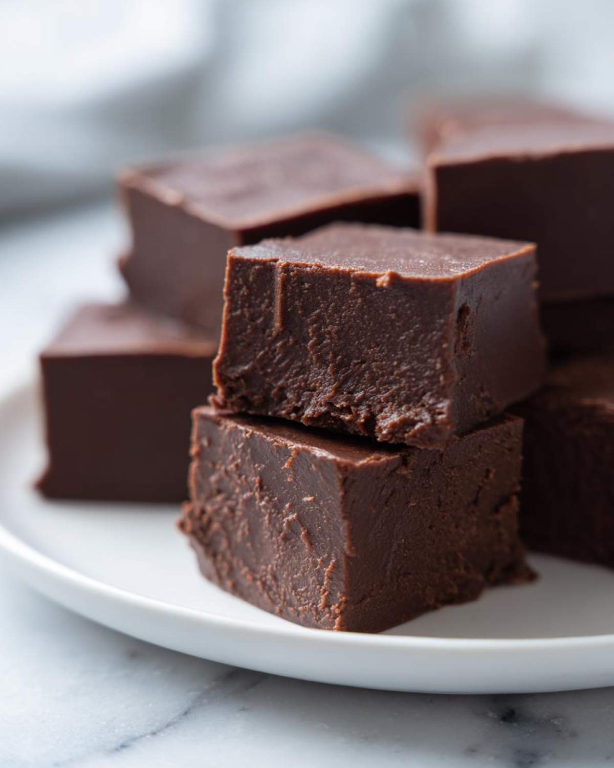 Close-up of rich, dark chocolate fudge squares stacked on a white plate, highlighting the dense texture of the fudge.
