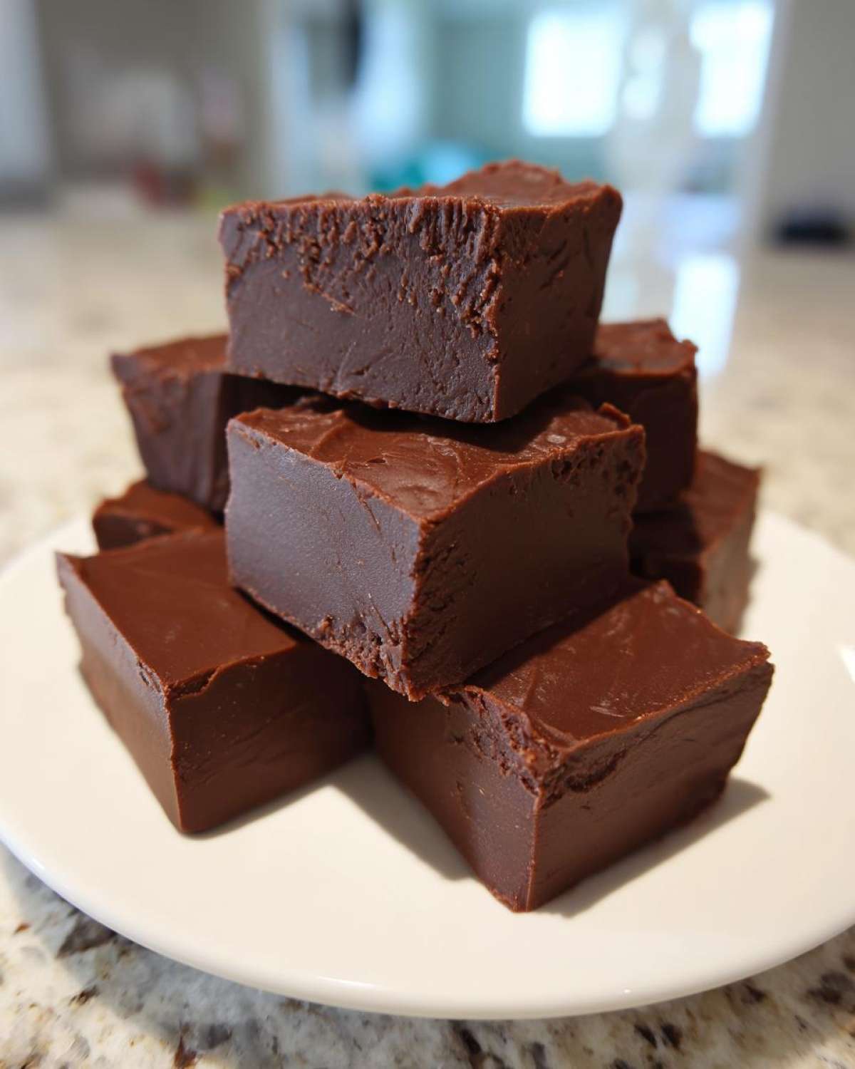 A stack of rich, dark chocolate fudge squares piled high on a white plate, showcasing the creamy texture of the fudge.
