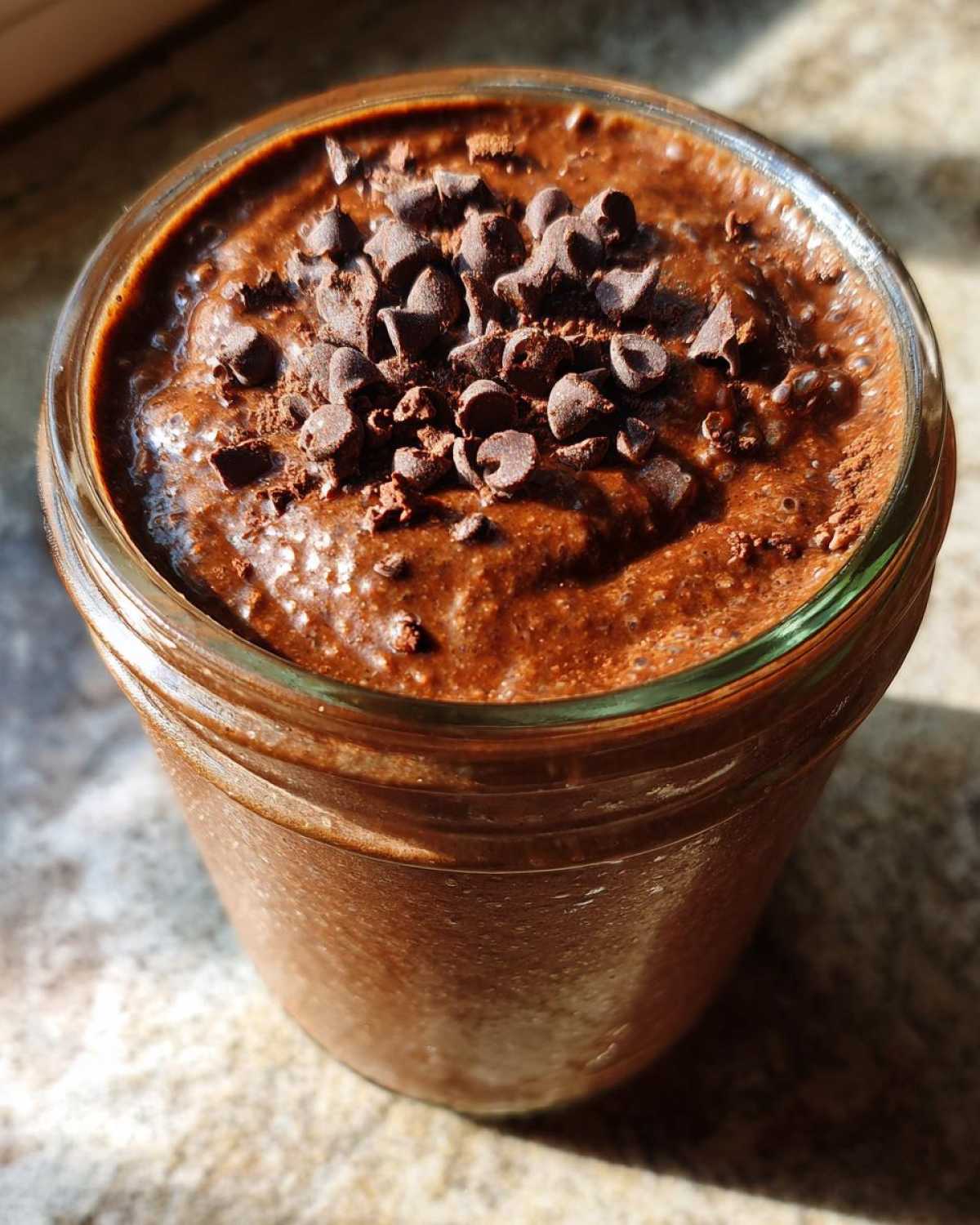 Overhead close-up of rich chocolate overnight oats in a glass jar, topped with mini chocolate chips.