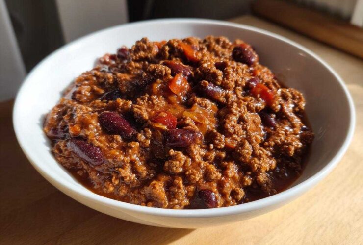 Close-up of a hearty bowl of rich, meaty crockpot chili with visible kidney beans.