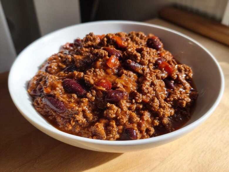 Close-up of a hearty bowl of rich, meaty crockpot chili with visible kidney beans.