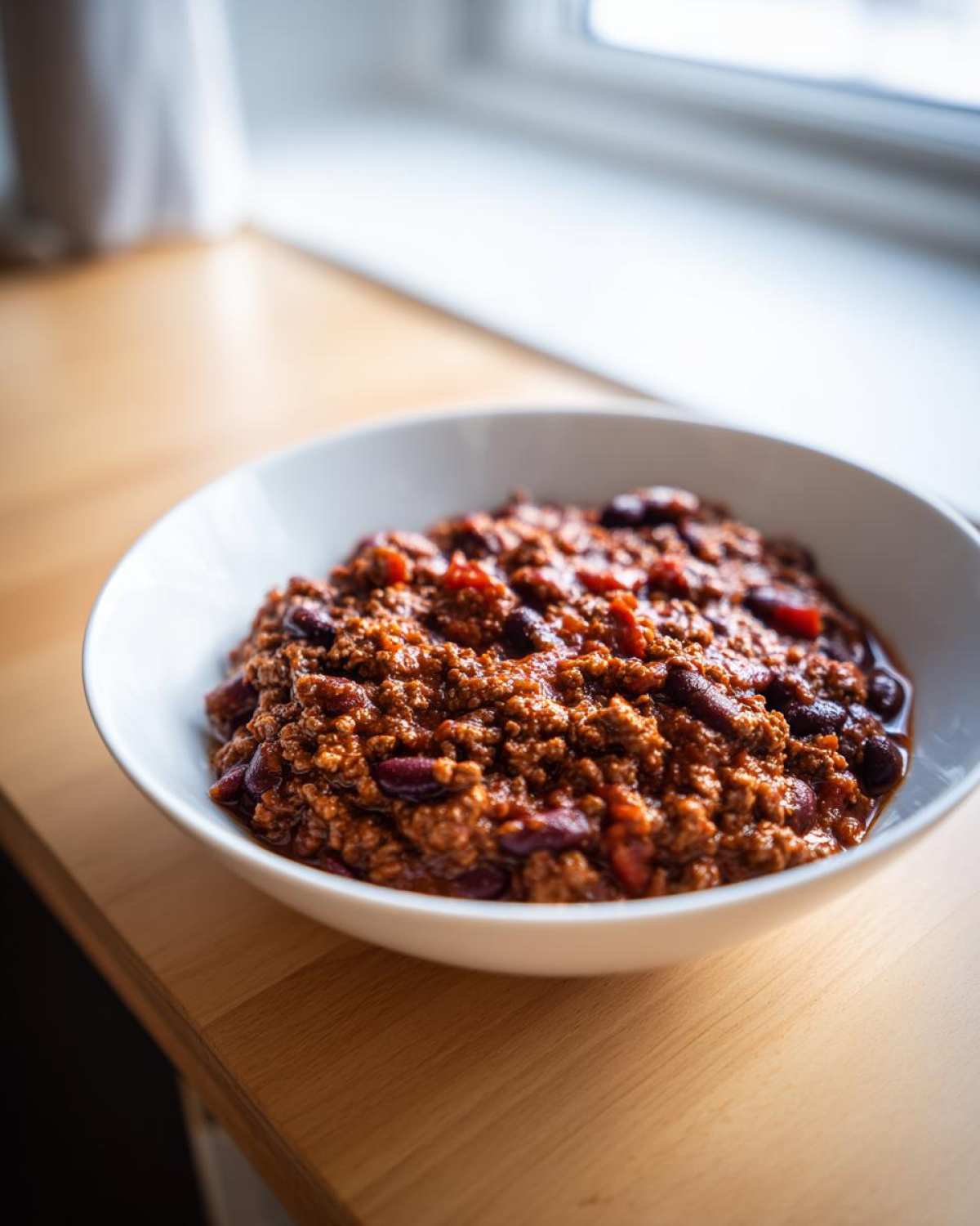 Close-up of a white bowl filled with rich, thick crockpot chili featuring ground meat and kidney beans.