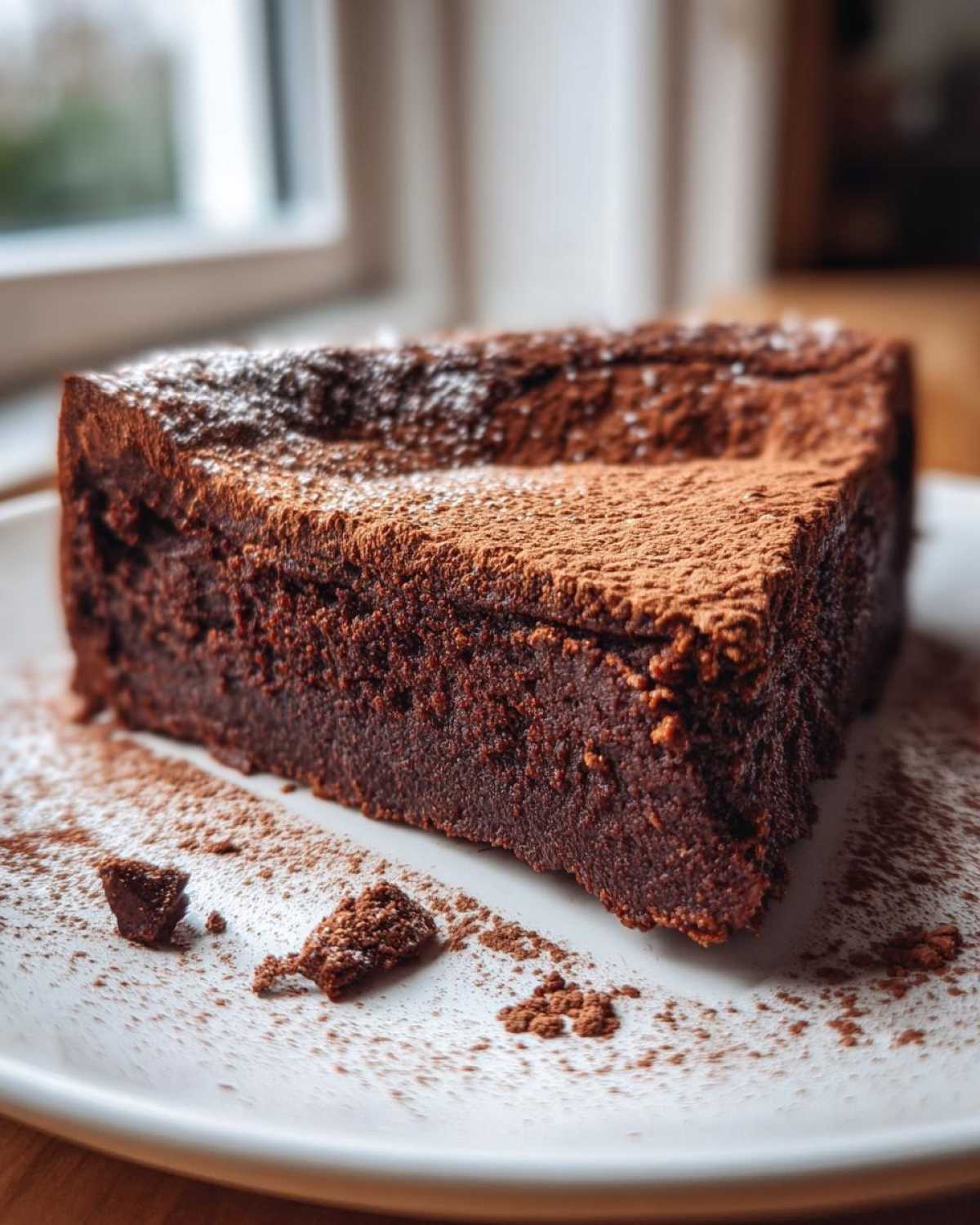 A decadent slice of flourless chocolate torte, dusted heavily with cocoa powder, sitting on a white plate.