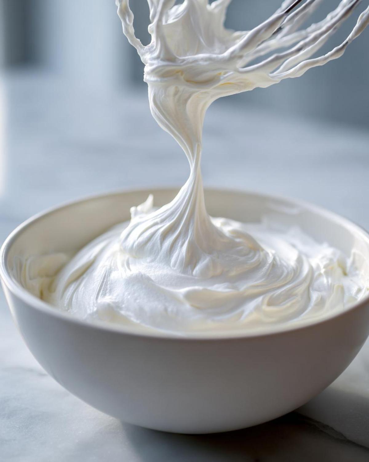 Close-up of stiff, glossy white royal icing recipe mixture being lifted by a whisk attachment from a white bowl.