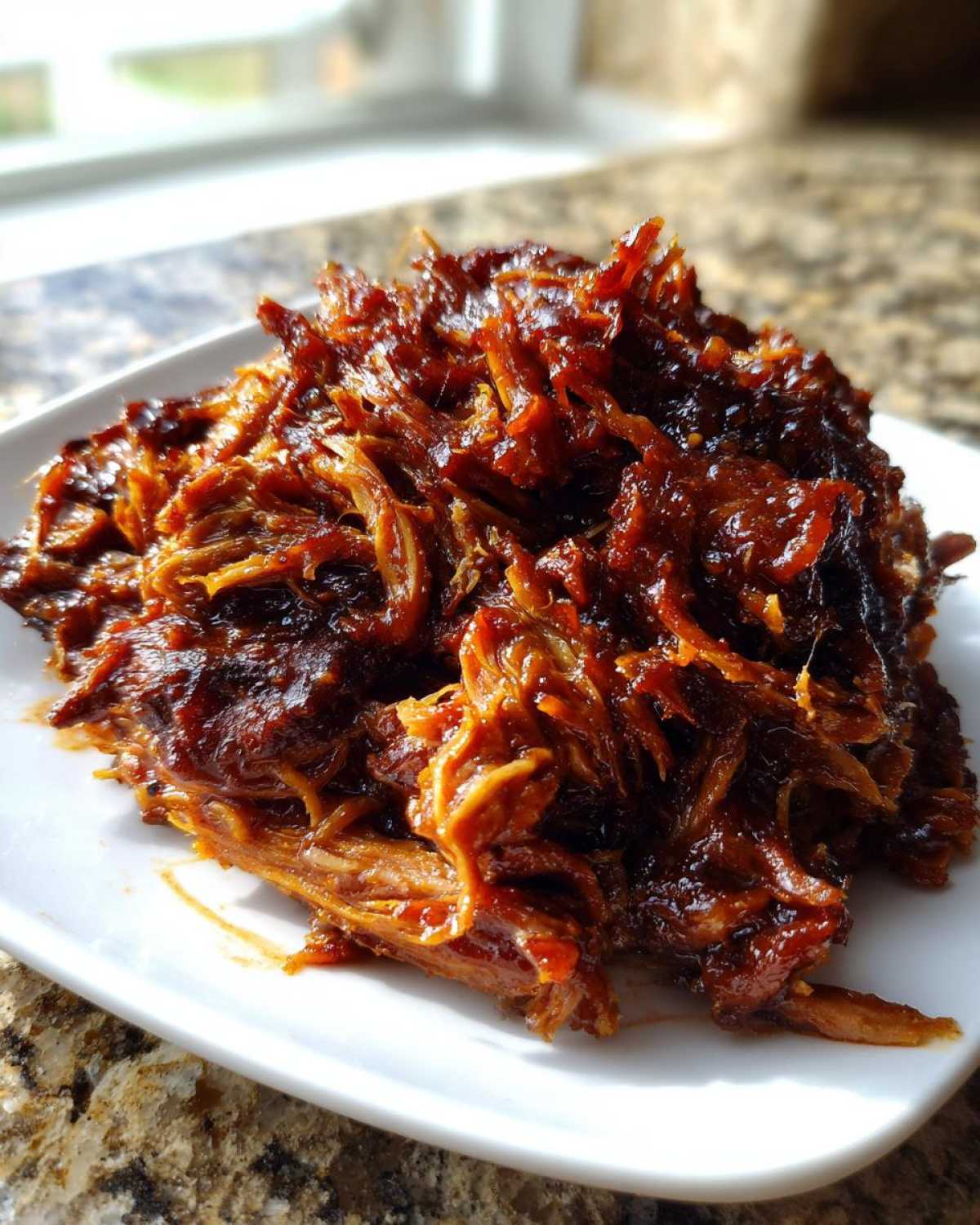 A mound of shredded, saucy crock pot pulled pork piled high on a white square plate.