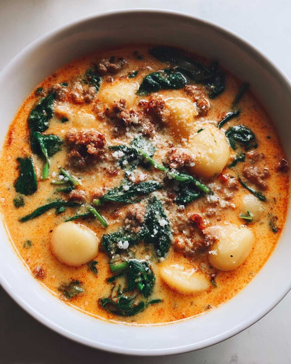 A close-up overhead view of creamy sausage gnocchi soup with spinach and grated Parmesan cheese.
