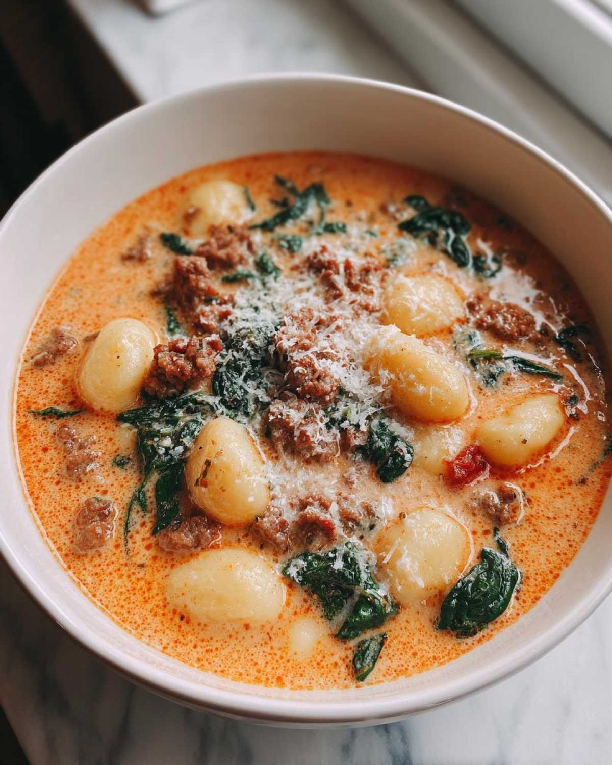 Close-up of a hearty bowl of sausage gnocchi soup with spinach and grated Parmesan cheese.