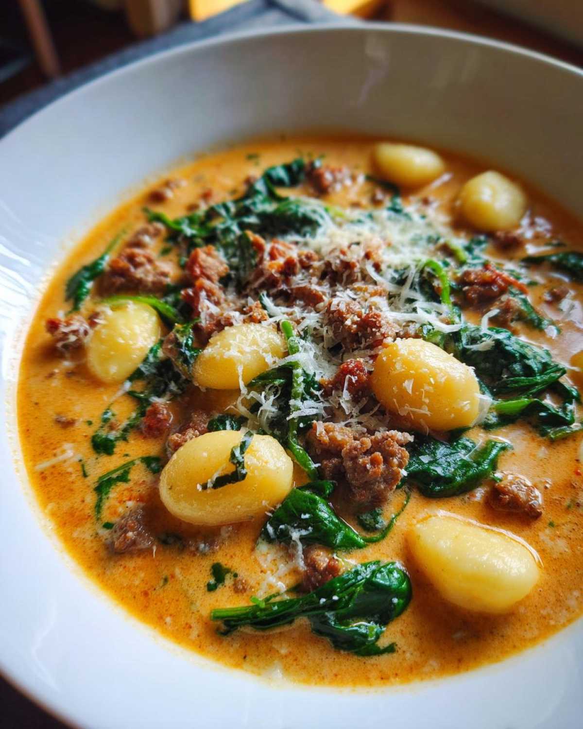 Close-up of a hearty bowl of sausage gnocchi soup with spinach and grated cheese topping.