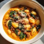 A close-up of a bowl of creamy sausage gnocchi soup topped with spinach and grated Parmesan cheese.