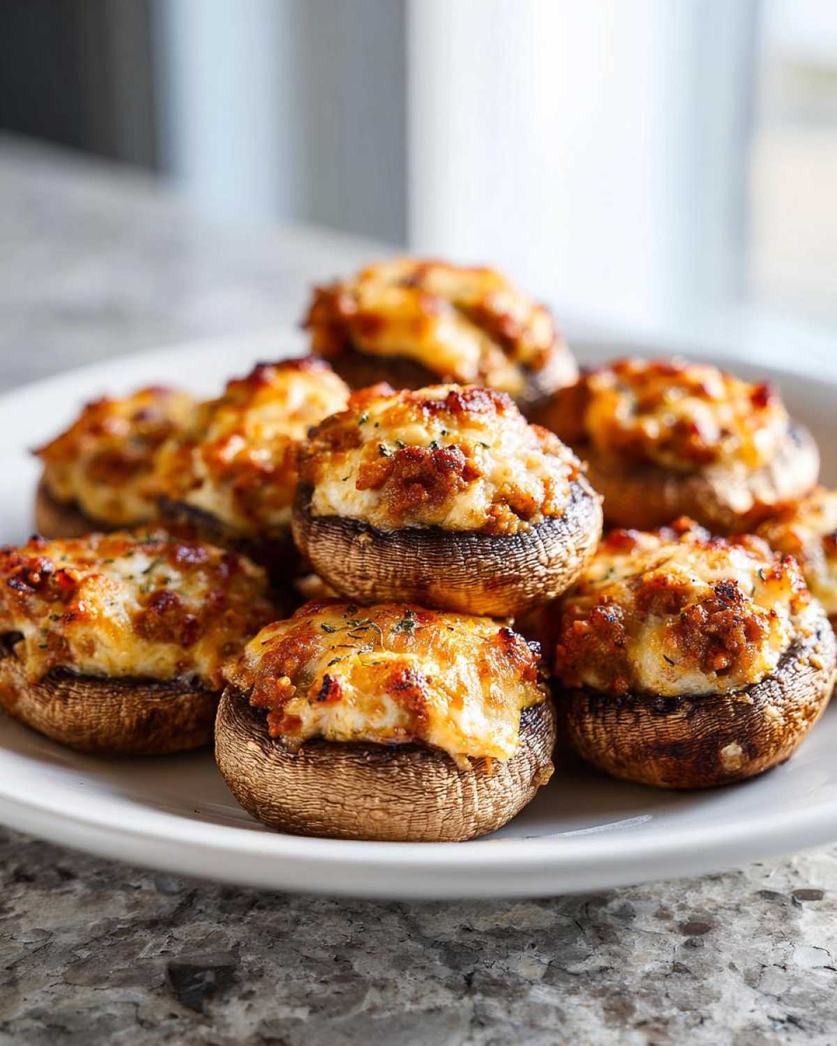 A close-up of several golden-brown sausage stuffed mushrooms piled on a white plate, topped with melted, browned cheese.