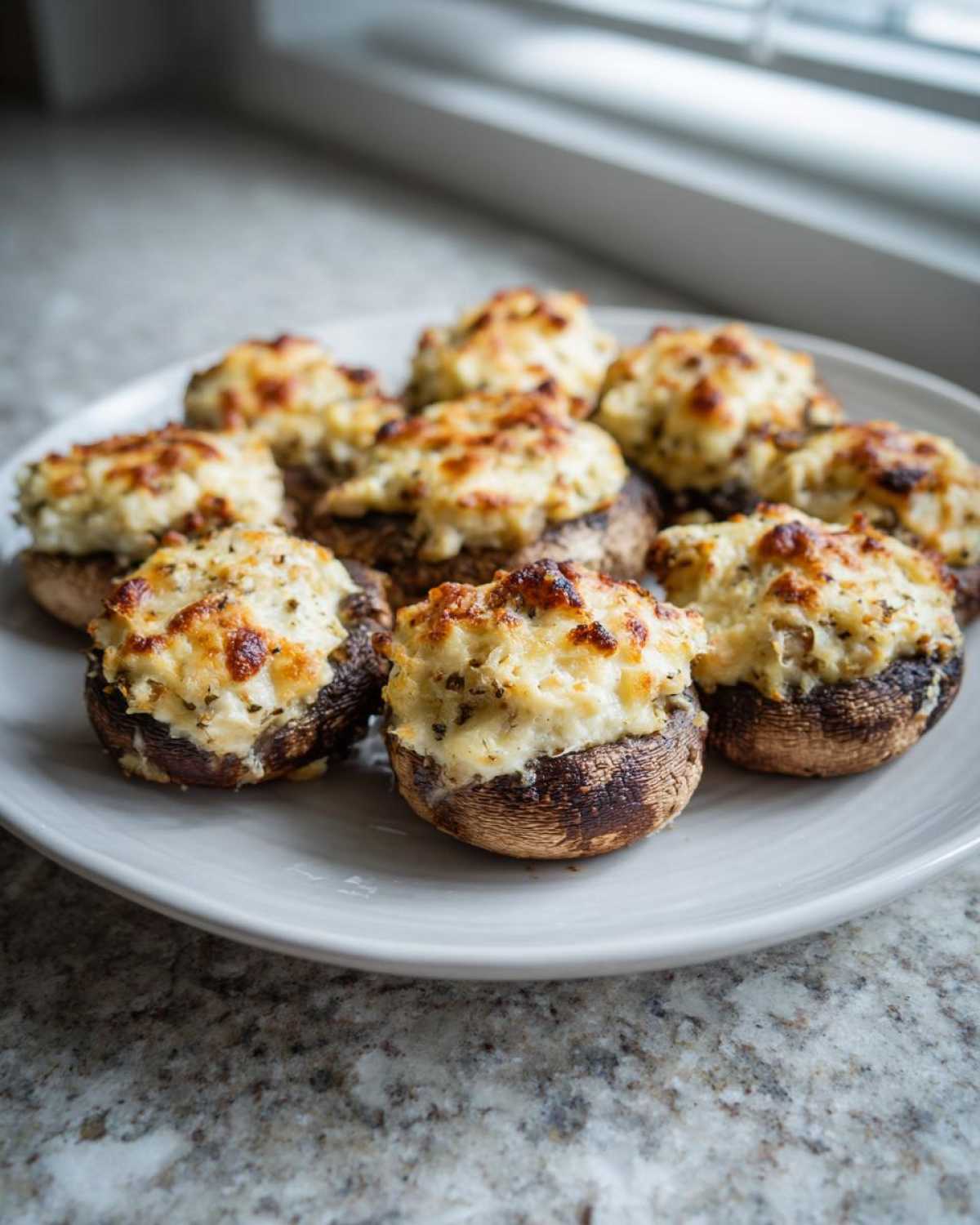 A plate of freshly baked sausage stuffed mushrooms topped with melted, browned cheese.