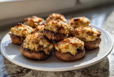 A plate of freshly baked sausage stuffed mushrooms with a golden, cheesy topping.