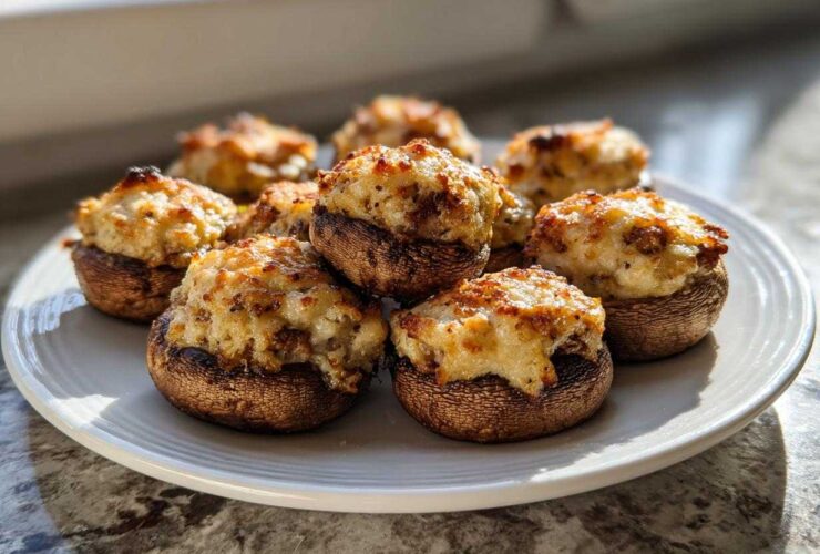 A plate of freshly baked sausage stuffed mushrooms with a golden, cheesy topping.
