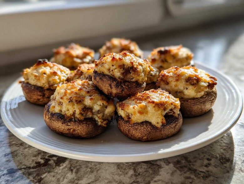 A plate of freshly baked sausage stuffed mushrooms with a golden, cheesy topping.