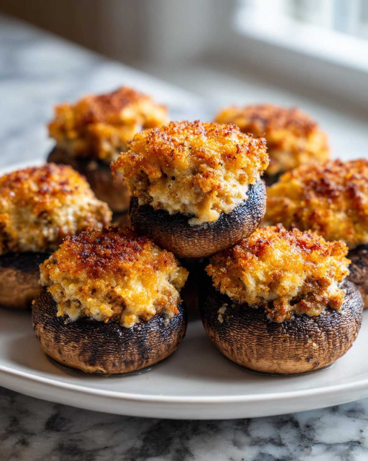 A close-up of several Sausage stuffed mushrooms piled on a white plate, featuring a crispy topping.