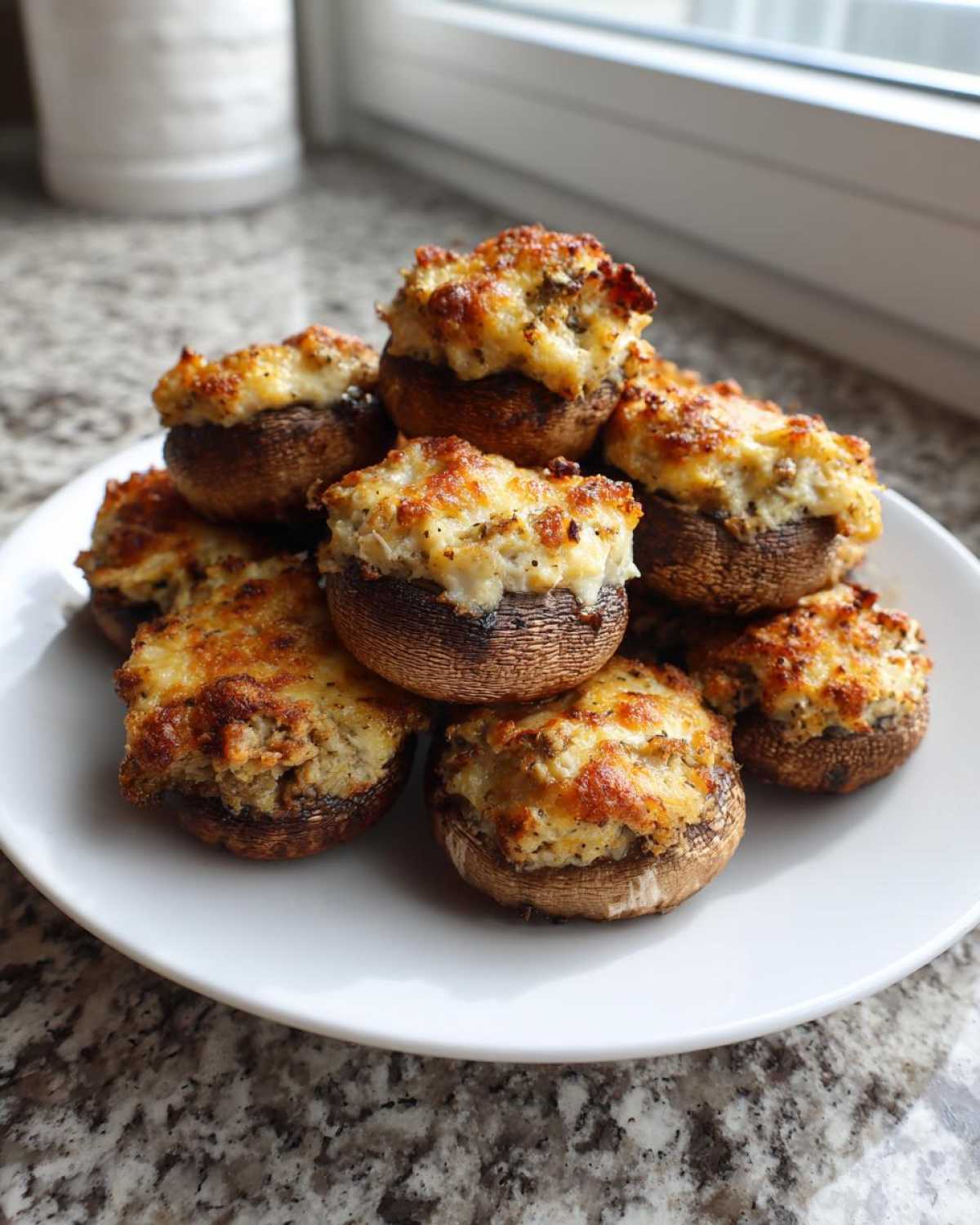 A white plate piled high with golden-brown Sausage stuffed mushrooms featuring a cheesy, baked topping.