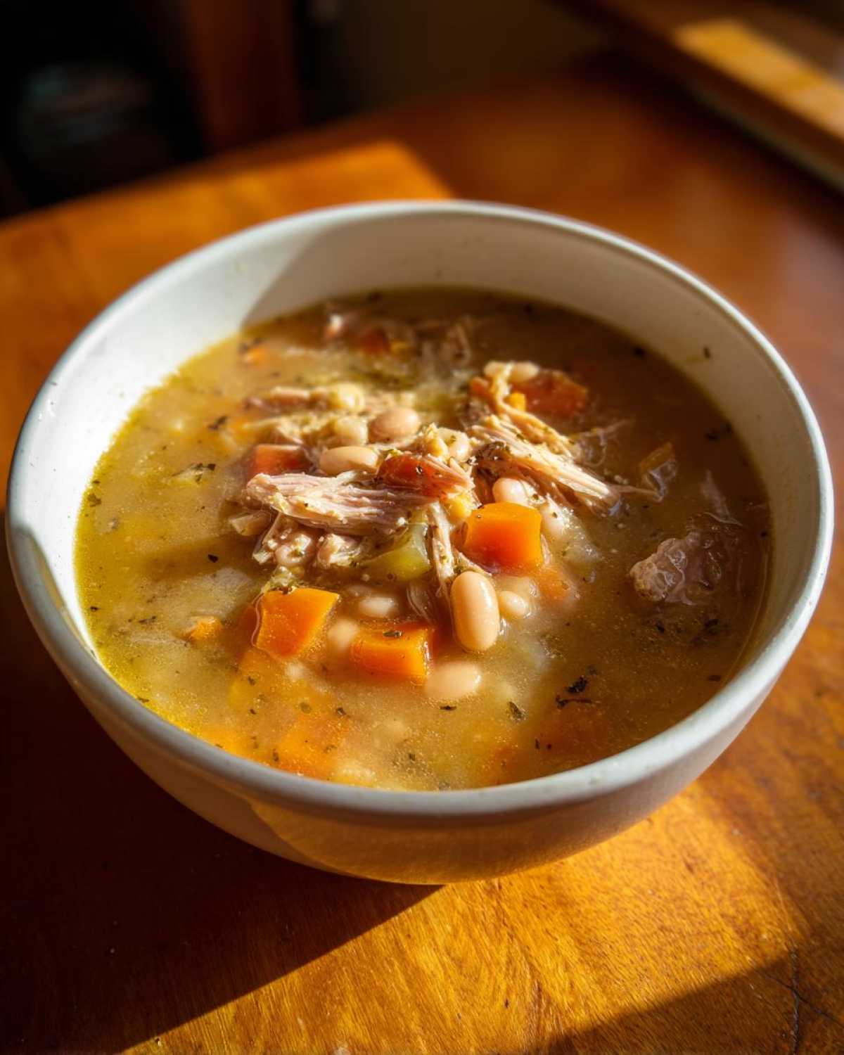 Close-up of a white bowl filled with savory bean soup, featuring white beans, shredded meat, and diced carrots in a rich broth.