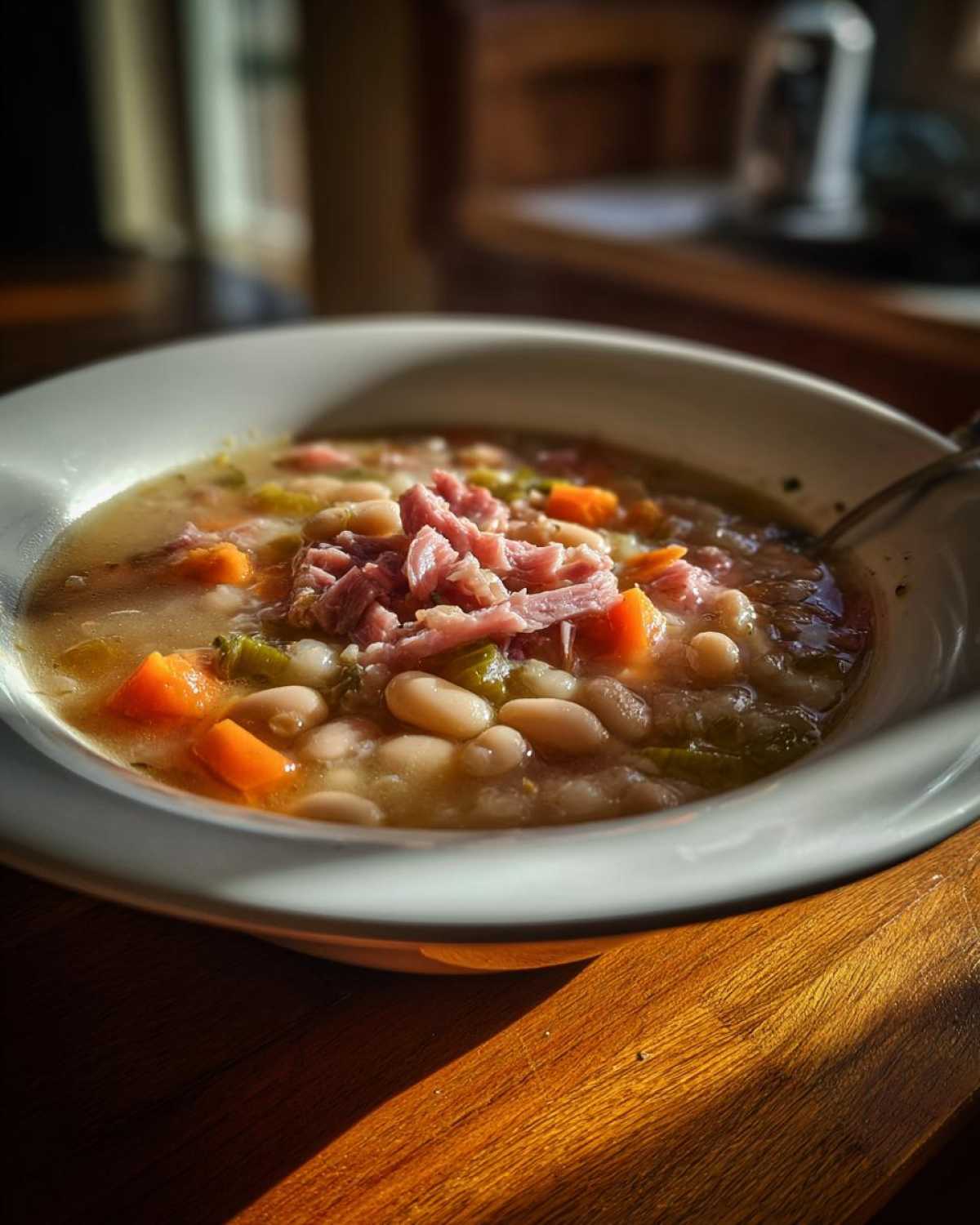 Close-up of a steaming bowl of savory bean soup, featuring white beans, carrots, and shredded ham topping.