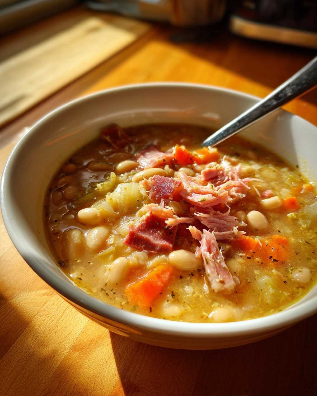 Close-up of a white bowl filled with savory bean soup, featuring white beans, carrots, and shredded ham, set on a sunlit wooden table.