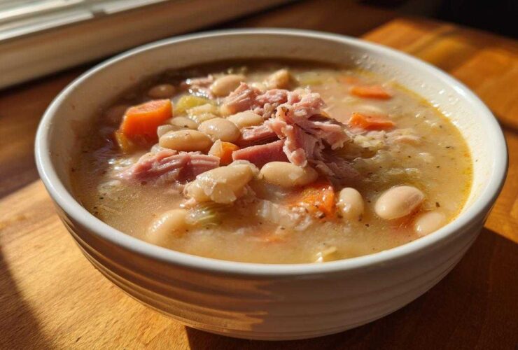 A close-up of a white bowl filled with savory ham and white bean soup, featuring carrots and celery.
