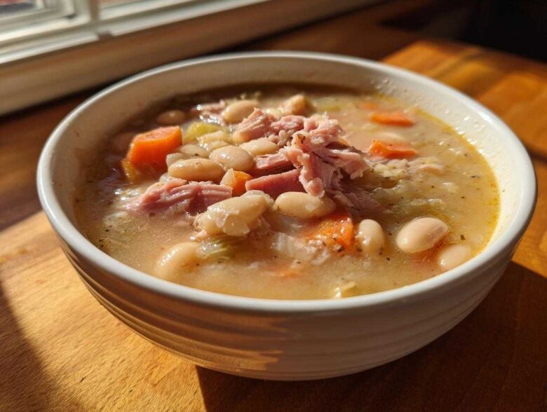 A close-up of a white bowl filled with savory ham and white bean soup, featuring carrots and celery.