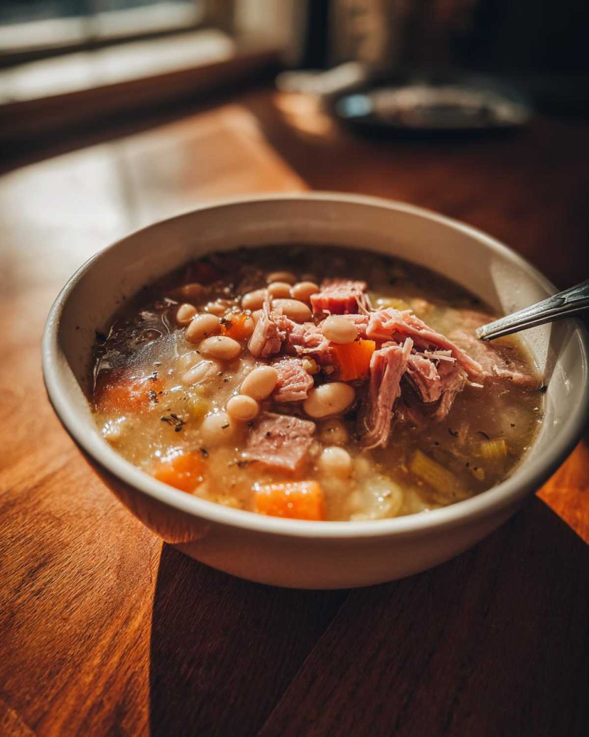 Close-up of a hearty bowl of bean soup topped with shredded ham and carrots, sitting on a wooden table.