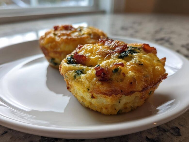 Two savory egg bites, featuring bacon and spinach baked in a muffin tin, sitting on a white plate. Perfect for a quick egg breakfast.