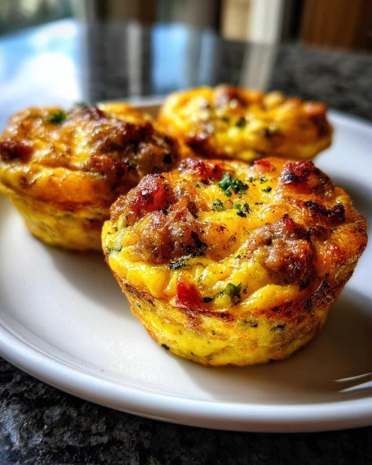 Three golden brown Egg Muffin Cups topped with browned sausage and parsley on a white plate.