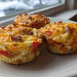 Three freshly baked Egg Muffin Cups topped with melted cheddar cheese, sausage, and red peppers, resting on a plate.