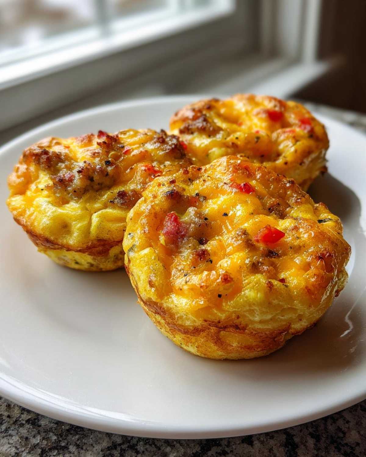 Three golden-brown, baked Egg Muffin Cups filled with sausage and peppers resting on a white plate.