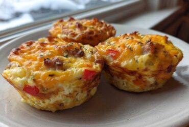 Three freshly baked Egg Muffin Cups topped with melted cheddar cheese, sausage, and red peppers, resting on a plate.