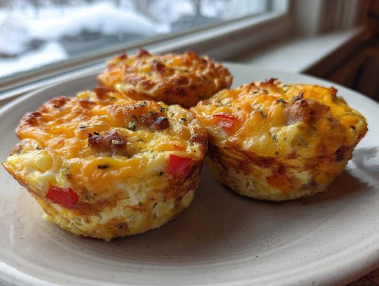 Three freshly baked Egg Muffin Cups topped with melted cheddar cheese, sausage, and red peppers, resting on a plate.