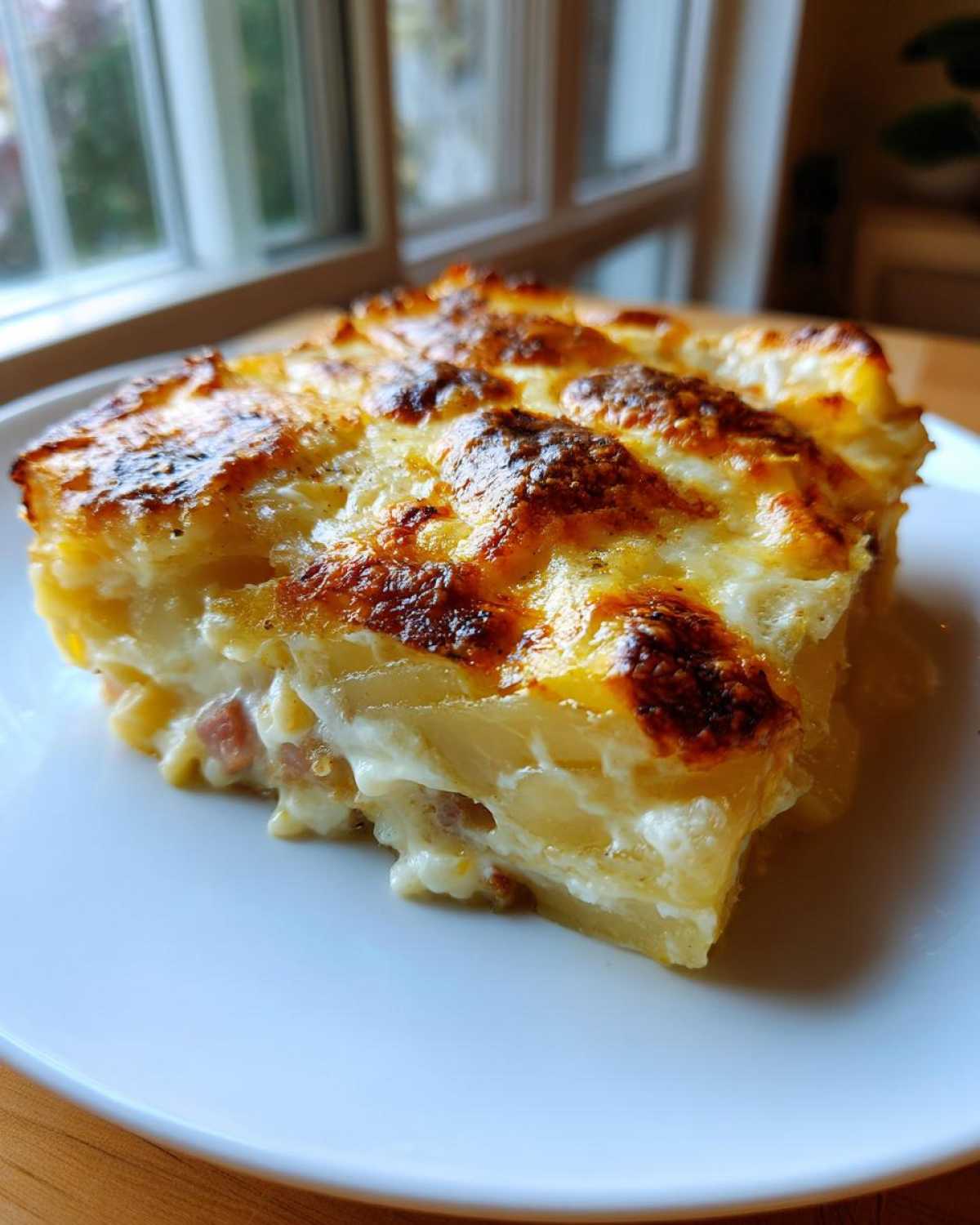 A close-up slice of creamy scalloped potatoes and ham, featuring a golden-brown, bubbly cheese crust.