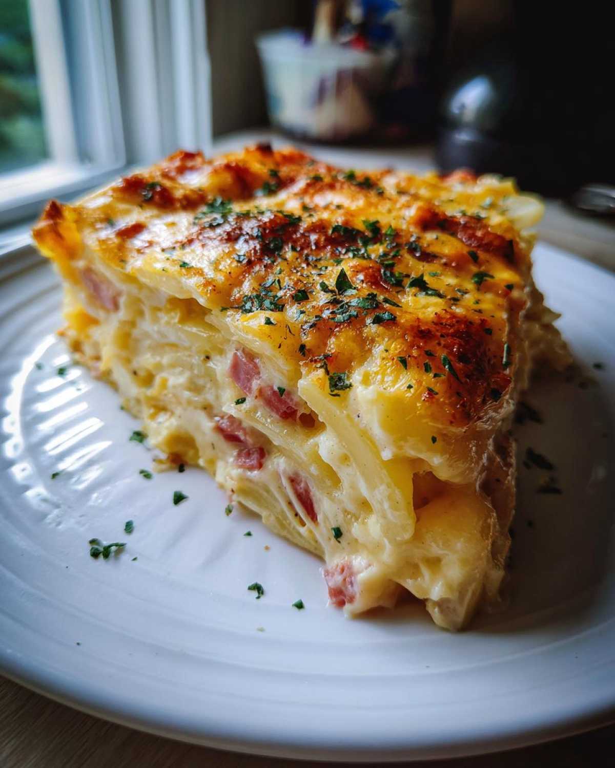 A thick slice of cheesy scalloped potatoes and ham casserole, baked golden brown and garnished with parsley.