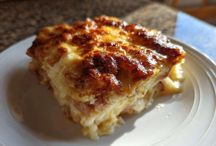 A close-up of a square serving of creamy scalloped potatoes and ham with a deeply browned, cheesy crust.