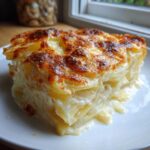 A close-up of a rich, creamy slice of scalloped potatoes and ham, featuring a golden-brown, bubbly cheese crust.