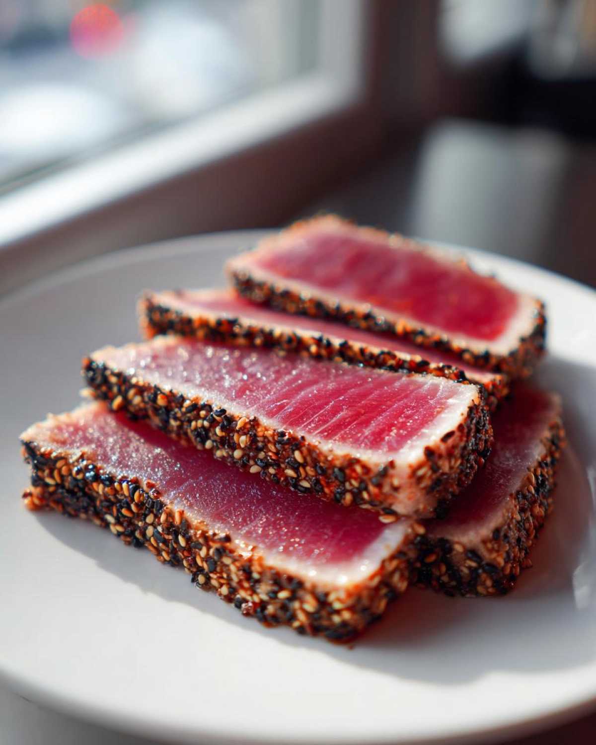 Four slices of perfectly cooked Seared Ahi Tuna, crusted with black and white sesame seeds, resting on a white plate.