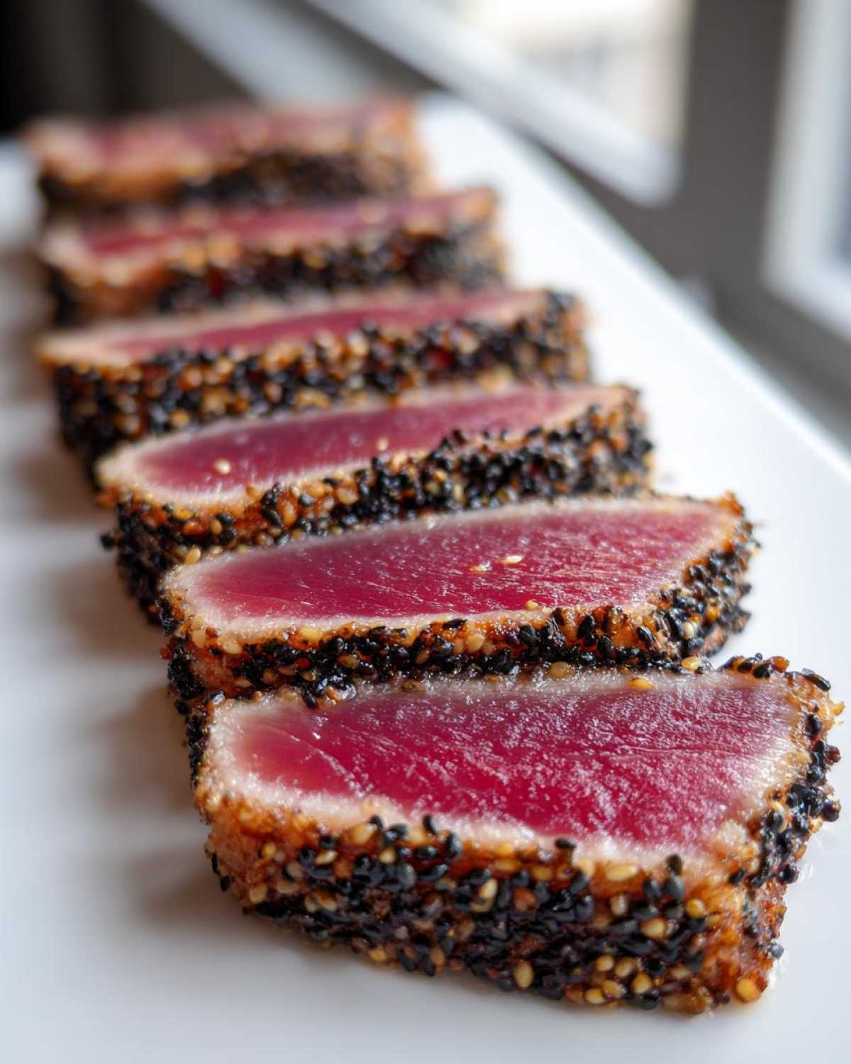 Close-up of perfectly cooked Seared Ahi Tuna slices, crusted with black and white sesame seeds.