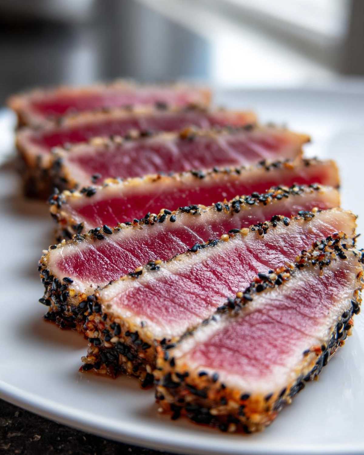 Close-up of four slices of perfectly seared Ahi Tuna, showing a deep red center and a dark sesame seed crust.