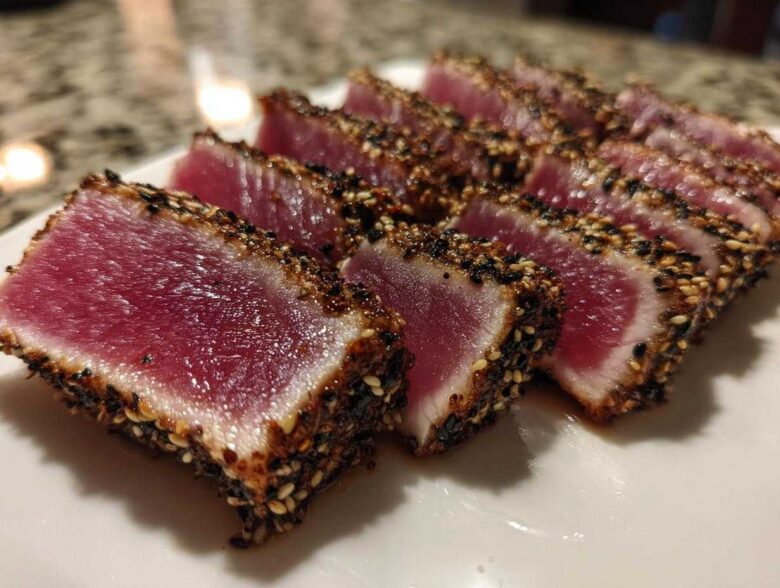 Close-up of perfectly seared ahi tuna, sliced to show the rare, deep red center and sesame seed crust.